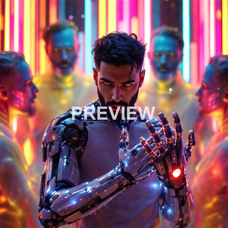 A man with a robotic arm and intense expression stands in front of four other men with similar appearances, all illuminated by colorful neon lights in a futuristic setting.